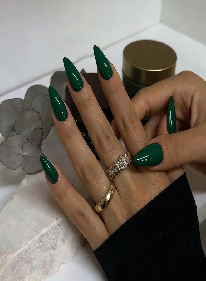 XCREANDO 48Pcs Dark Green Press on Nails Almond Fake Nails Glue on Nails Medium Length Almond Shaped Press ons, Medium Stiletto False Nail for Women, Thick Acrylic Gel Nail - Image 1